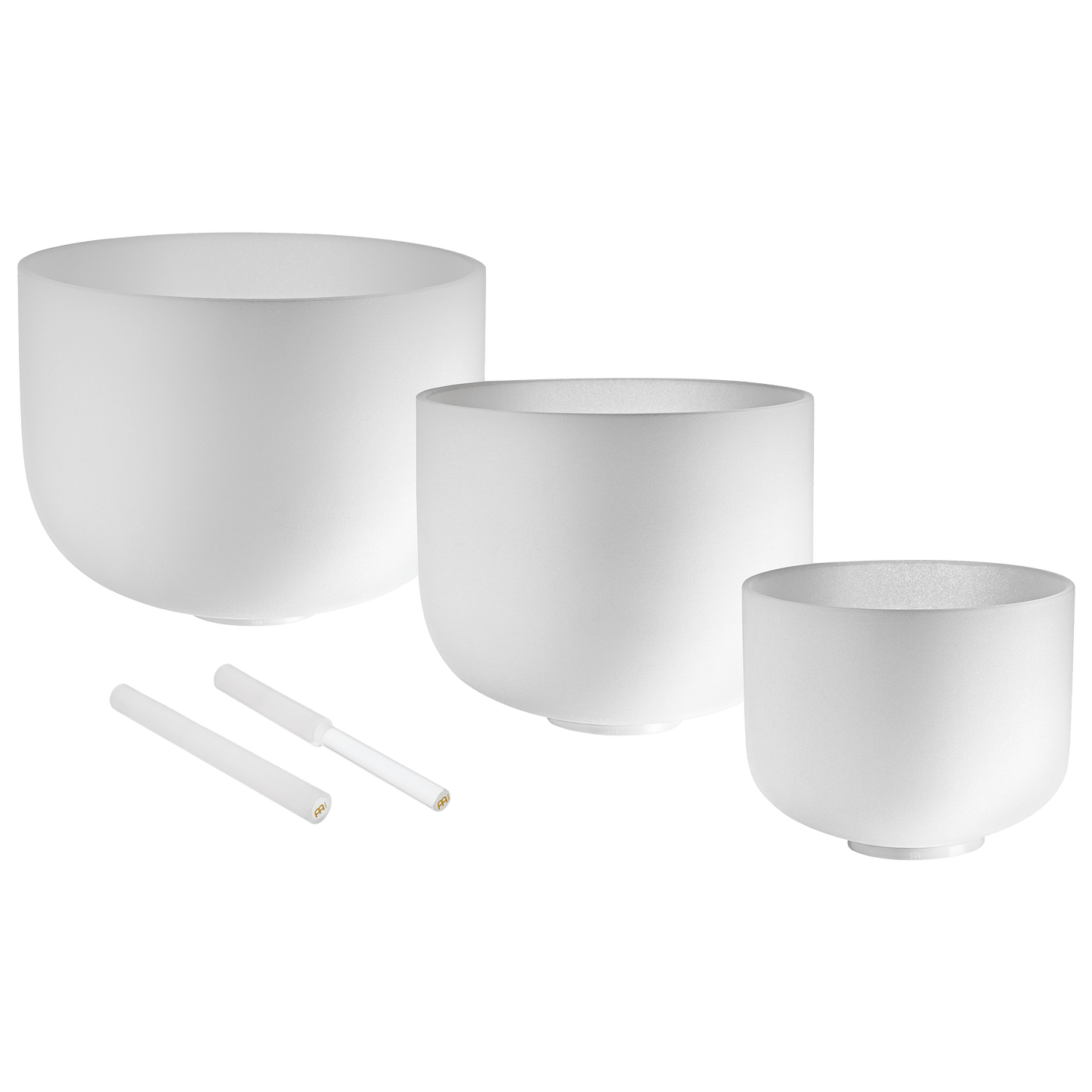 Three white frosted quartz crystal singing bowls in 12 inch, 10 inch, and 8 inch sizes with two mallets and silicone rings displayed on a transparent background — for Carpe Diem Dream