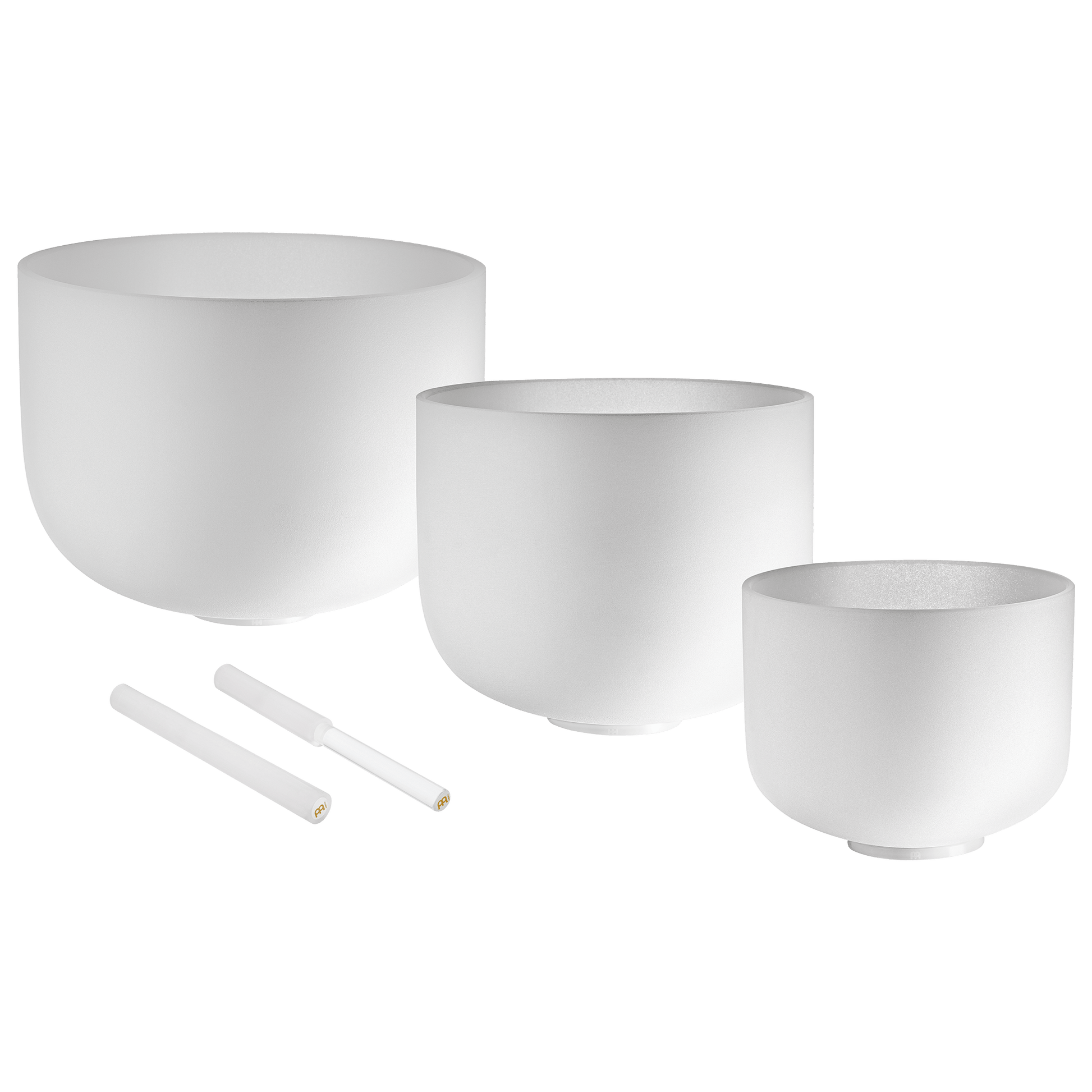 Three white frosted quartz crystal singing bowls in 12 inch, 10 inch, and 8 inch sizes with two mallets and silicone rings displayed on a transparent background — for Carpe Diem Dream