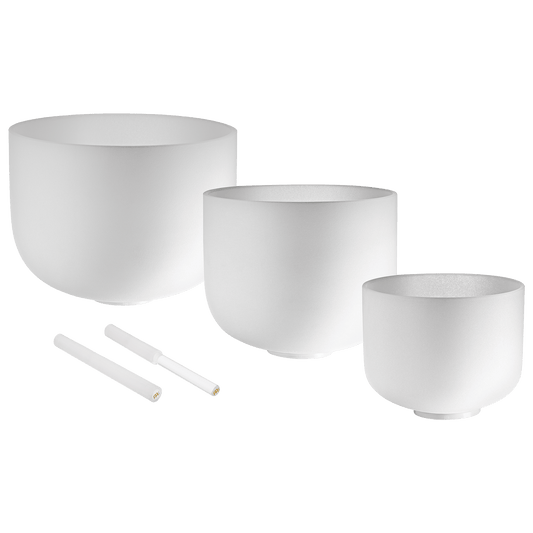 Three white frosted quartz crystal singing bowls in 12 inch, 10 inch, and 8 inch sizes with two mallets and silicone rings displayed on a transparent background — for Carpe Diem Dream