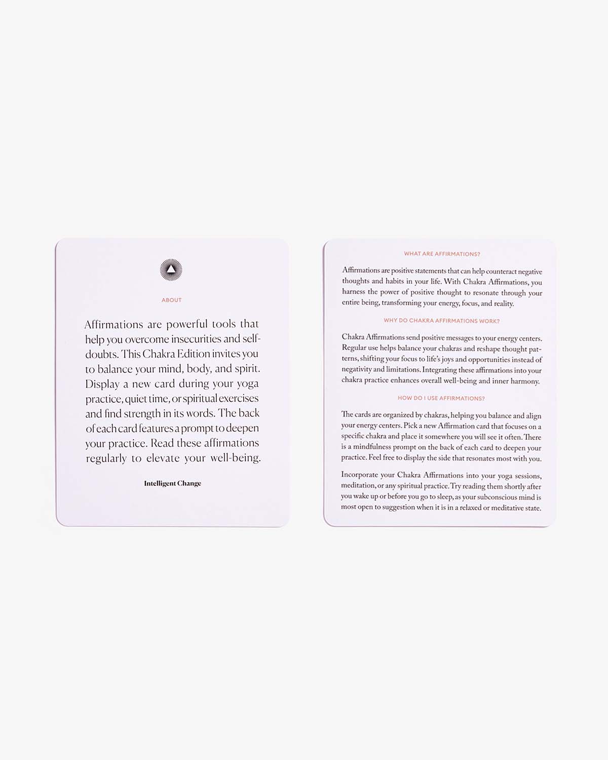 Mindful Affirmations for Chakra Balancing instruction cards featuring guidance for using the affirmation deck and information about chakra affirmations on a clean white background. — for Carpe Diem Dream