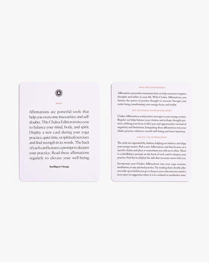 Mindful Affirmations for Chakra Balancing instruction cards featuring guidance for using the affirmation deck and information about chakra affirmations on a clean white background. — for Carpe Diem Dream