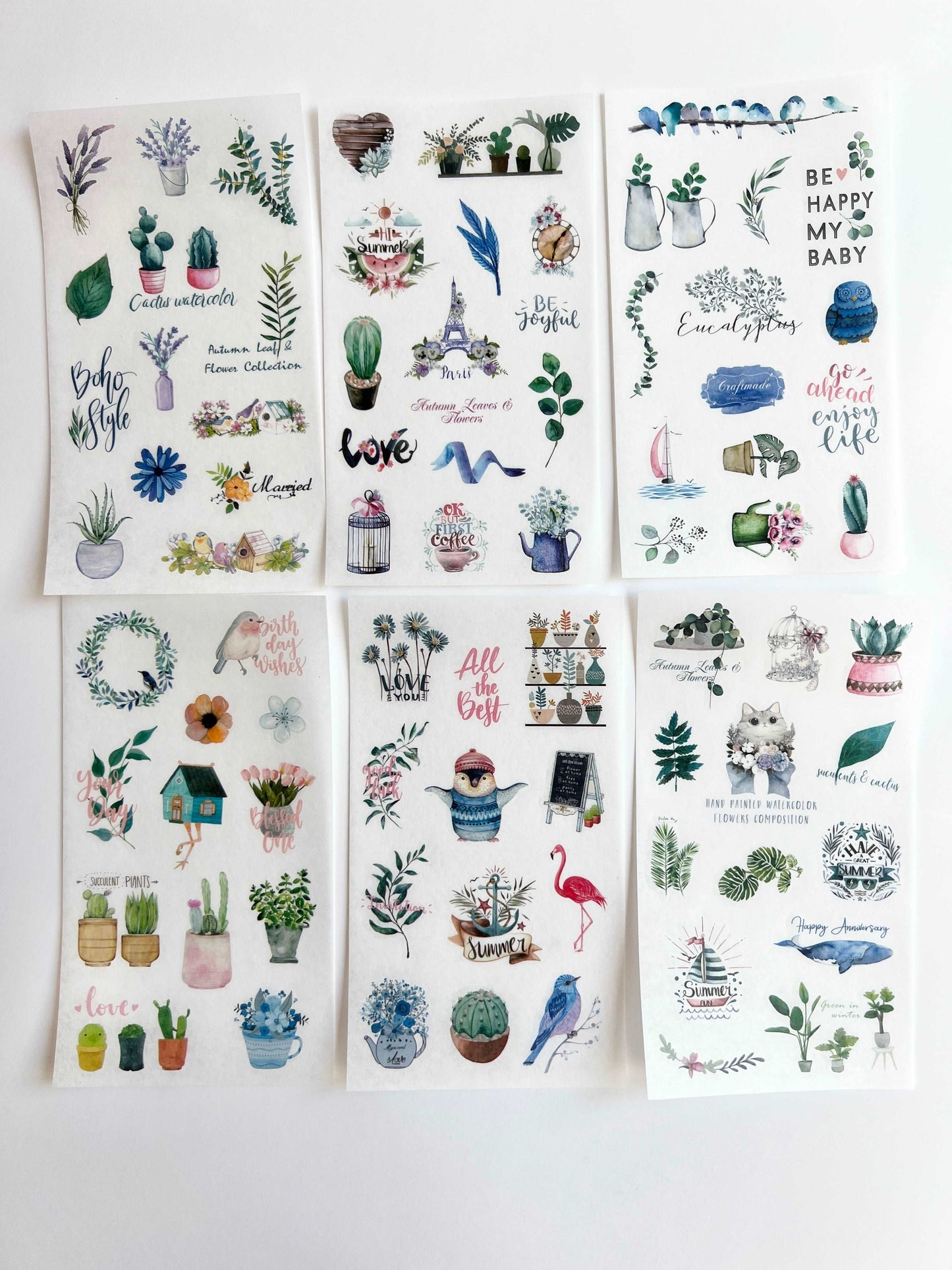 Six 4x6 clear boho plant planner sticker sheets featuring illustrated house plants, florals, and chic botanical accents arranged on a white background. — for Carpe Diem Dream