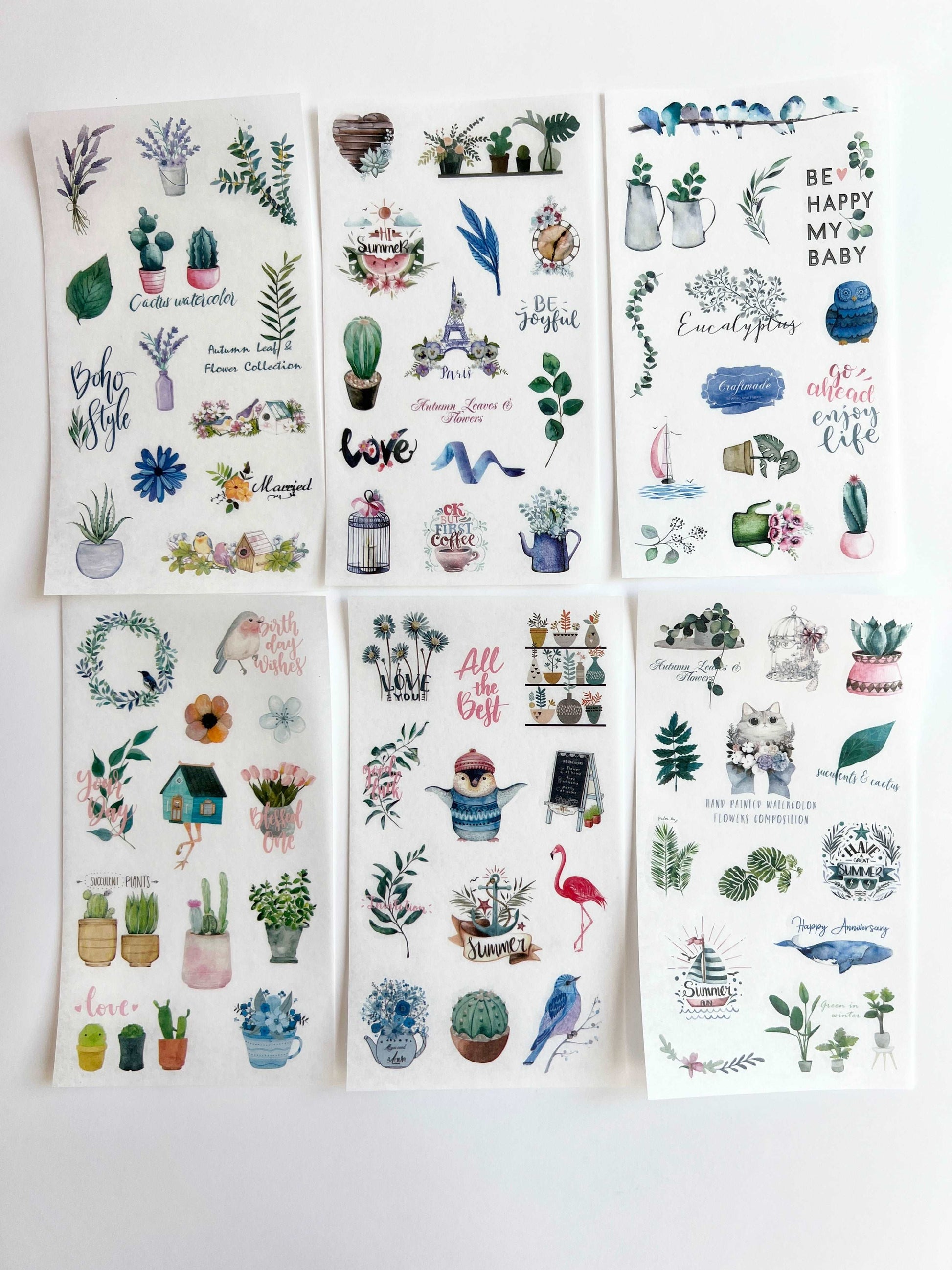 Six 4x6 clear boho plant planner sticker sheets featuring illustrated house plants, florals, and chic botanical accents arranged on a white background. — for Carpe Diem Dream
