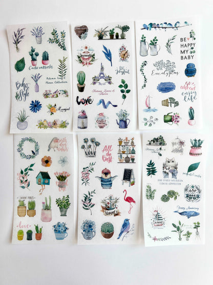 Six 4x6 clear boho plant planner sticker sheets featuring illustrated house plants, florals, and chic botanical accents arranged on a white background. — for Carpe Diem Dream