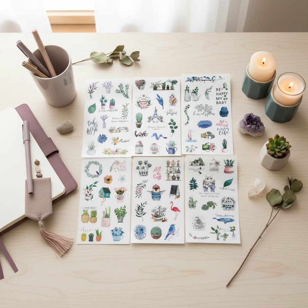 Six 4x6 clear boho plant planner sticker sheets arranged on a light wood desk with lit candles, a purple crystal cluster, a small succulent, and journaling accessories. — for Carpe Diem Dream