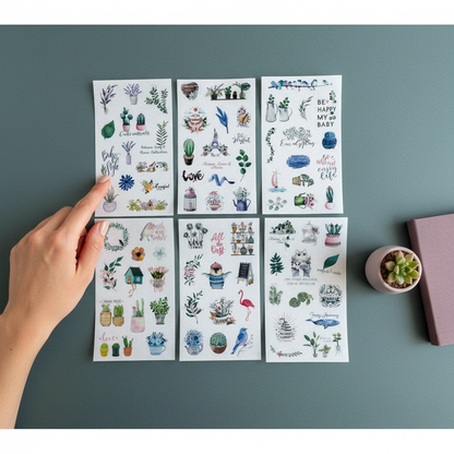 Six 4x6 clear boho plant planner sticker sheets arranged on a green linen background with a hand pointing to one sheet and a small succulent nearby. — for Carpe Diem Dream