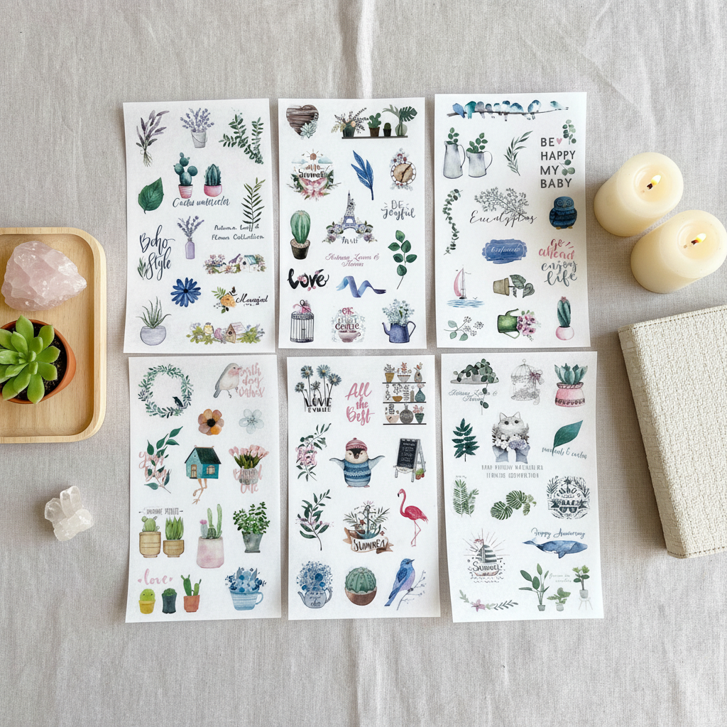 Six 4x6 clear boho plant planner sticker sheets arranged on a neutral linen surface with lit candles, a rose quartz stone, and a small succulent. — for Carpe Diem Dream