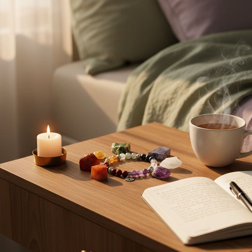 7 Chakra Bracelet and Stones Set arranged beside a journal and tea cup in morning light on a wooden bedside table – for Carpe Diem Dream.