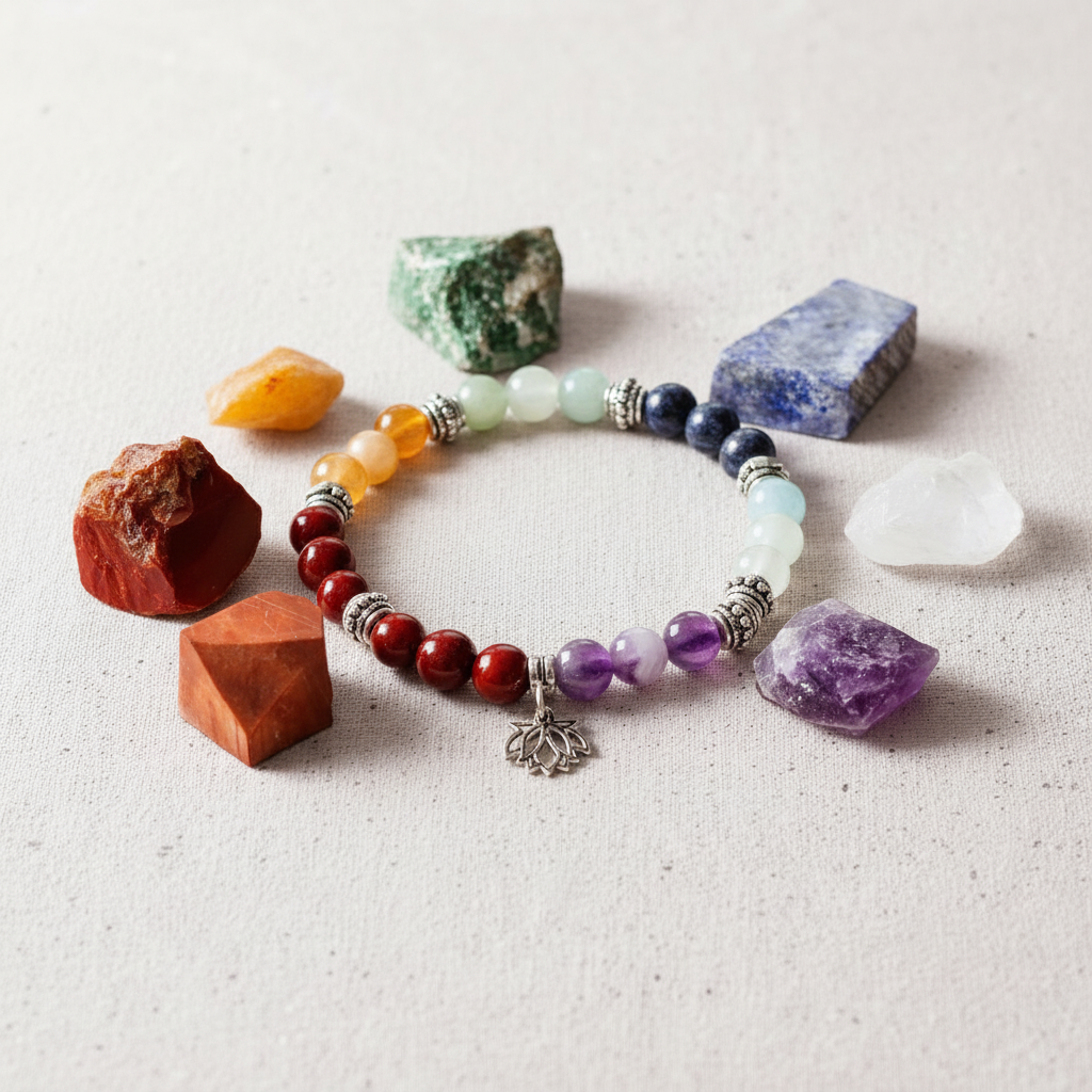 7 Chakra Bracelet and Stones Set displayed on blush-white surface with soft natural shadows, featuring seven colored chakra stones – for Carpe Diem Dream.