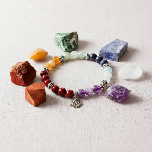 7 Chakra Bracelet and Stones Set displayed on blush-white surface with soft natural shadows, featuring seven colored chakra stones – for Carpe Diem Dream.