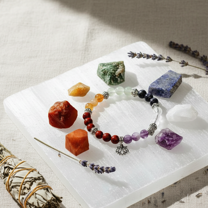 7 Chakra Bracelet and Stones Set arranged on a selenite slab with dried lavender and sage in soft natural light – for Carpe Diem Dream.