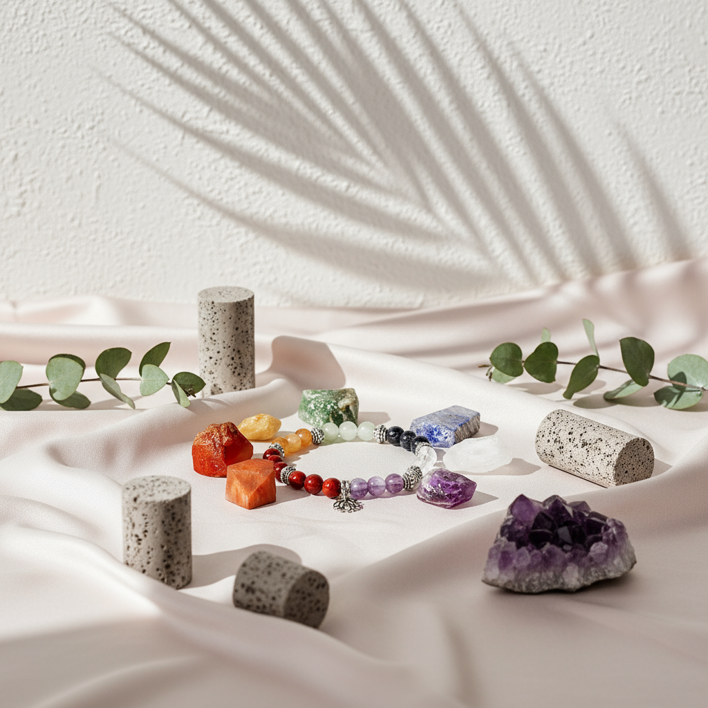 7 Chakra Bracelet and Stones Set displayed on blush silk with travertine, eucalyptus, and amethyst in natural light – for Carpe Diem Dream.
