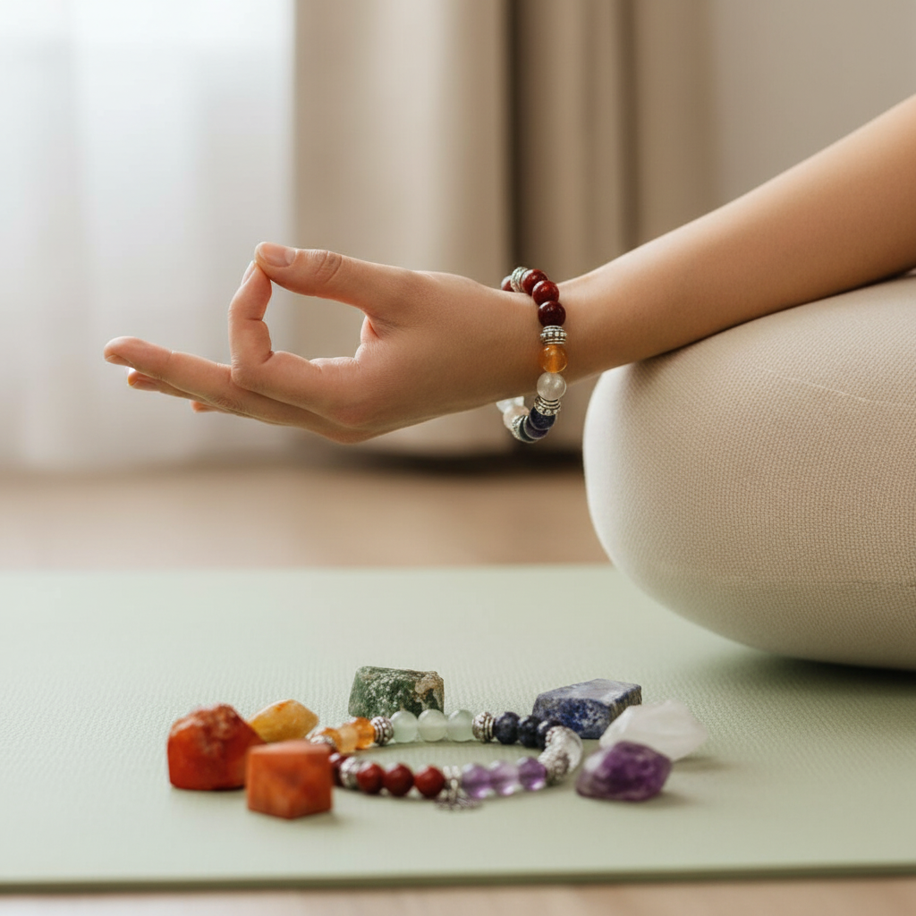 7 Chakra Bracelet and Stones Set worn during meditation beside chakra stones on a yoga mat in natural light – for Carpe Diem Dream.