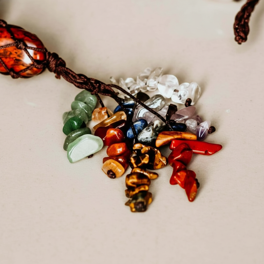 Close-up of colorful 7 chakra crystal tassel gemstones arranged on soft blush surface. — for Carpe Diem Dream