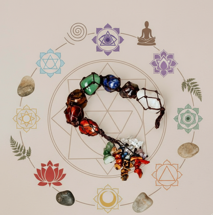 Colorful 7 chakra gemstone tassel displayed on chakra symbol mat with surrounding stones and botanicals. — for Carpe Diem Dream