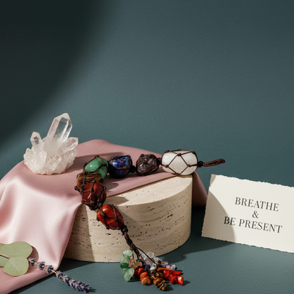 Colorful 7 chakra gemstone tassel displayed on travertine pedestal with crystal cluster and “BREATHE & BE PRESENT” card on soft blush drape. — for Carpe Diem Dream
