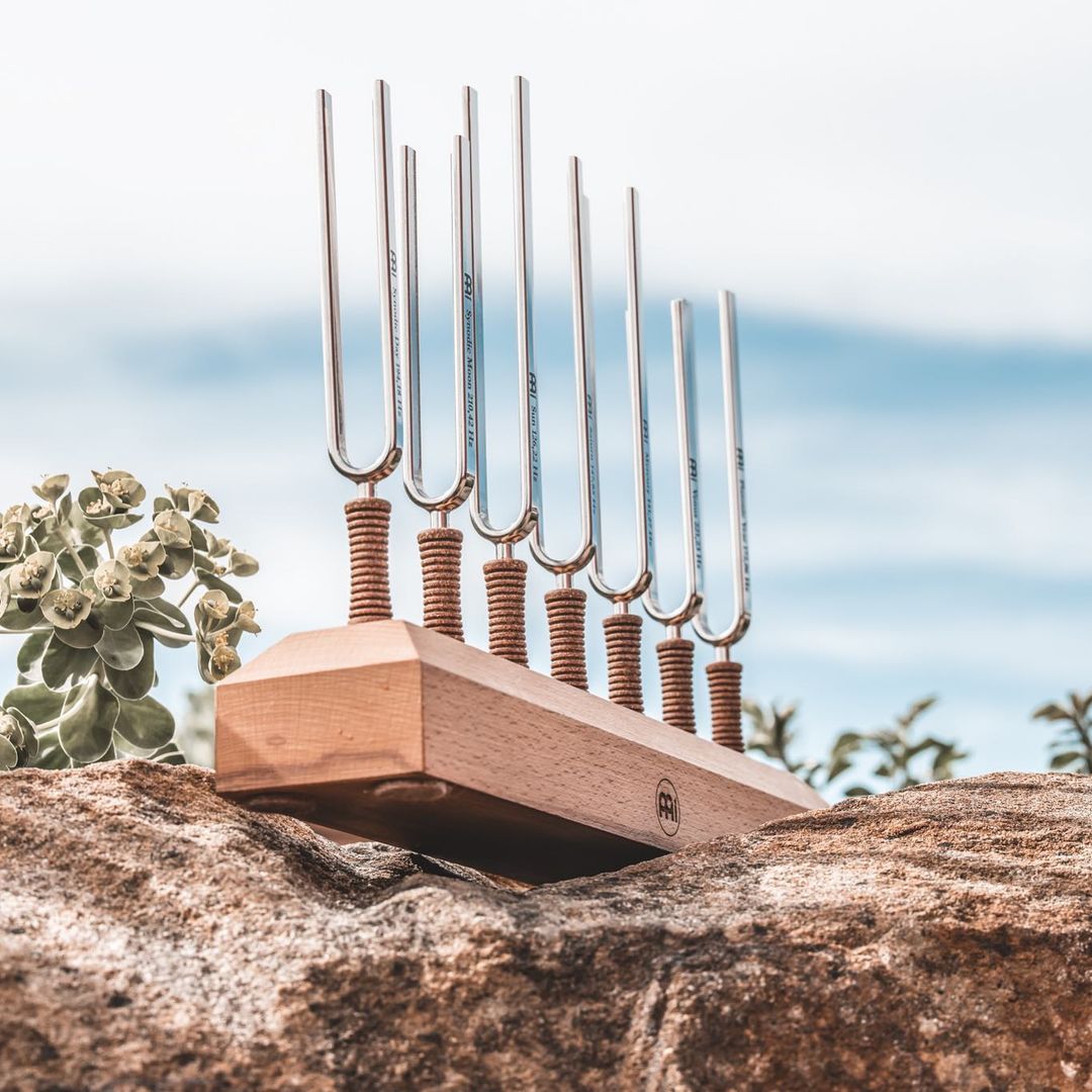Seven chakra tuning forks with cork handles mounted on a wooden base displayed on a rock with sky in the background. — for Carpe Diem Dream