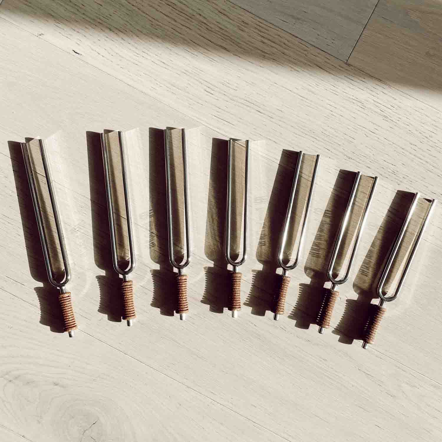 Seven metal chakra tuning forks with cork handles arranged in a diagonal top-down layout on a light surface. — for Carpe Diem Dream