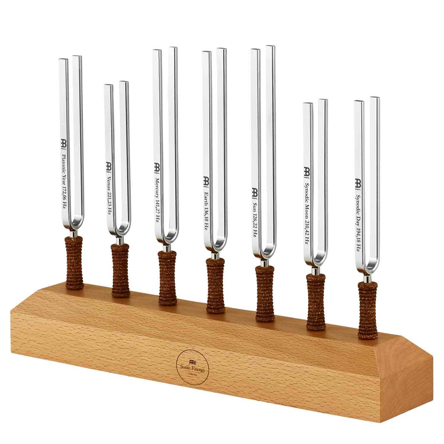 Seven chakra tuning forks with cork handles mounted upright on a wooden display base. — for Carpe Diem Dream