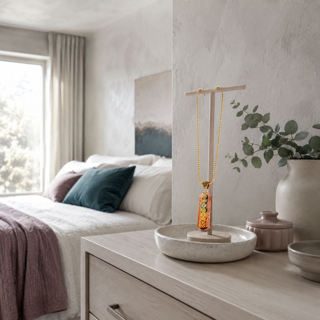 7 chakra orgone copper pendant displayed on a jewelry stand in a serene bedroom with eucalyptus, mauve bedding, dark teal pillows, and soft neutral décor. — for Carpe Diem Dream