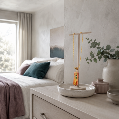 7 chakra orgone copper pendant displayed on a jewelry stand in a serene bedroom with eucalyptus, mauve bedding, dark teal pillows, and soft neutral décor. — for Carpe Diem Dream