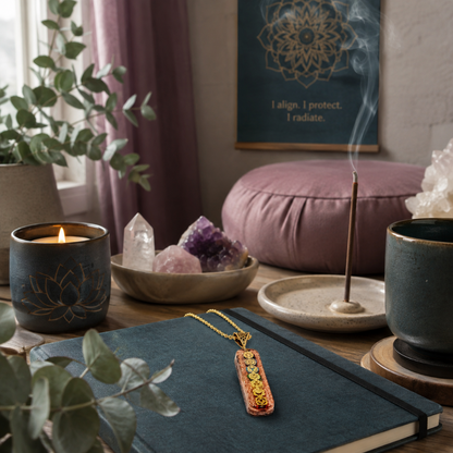 7 chakra orgone copper pendant styled on a dark teal journal in a meditation altar scene with crystals, incense, eucalyptus, mauve accents, and soft ritual lighting. — for Carpe Diem Dream