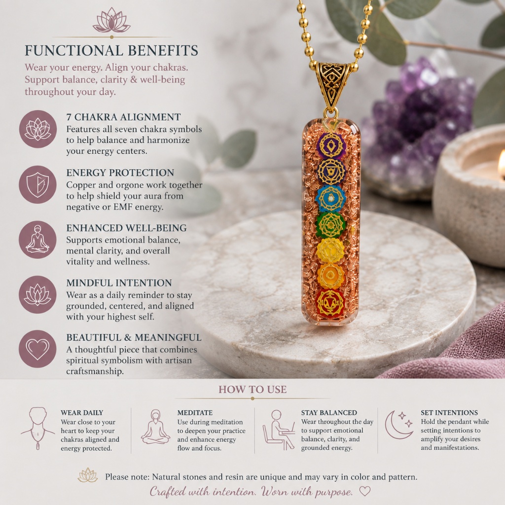 7 chakra orgone copper pendant shown in a functional benefits image with chakra alignment, energy protection, mindful intention, and daily wear guidance. — for Carpe Diem Dream.
