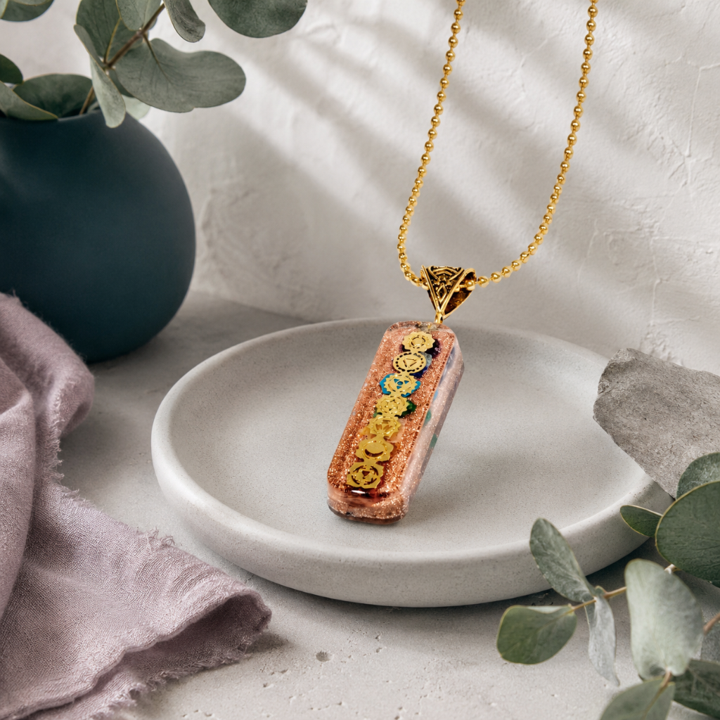 7 chakra orgone copper pendant styled on a stone dish with eucalyptus, mauve linen, cool stone accents, and a botanical studio setting. — for Carpe Diem Dream