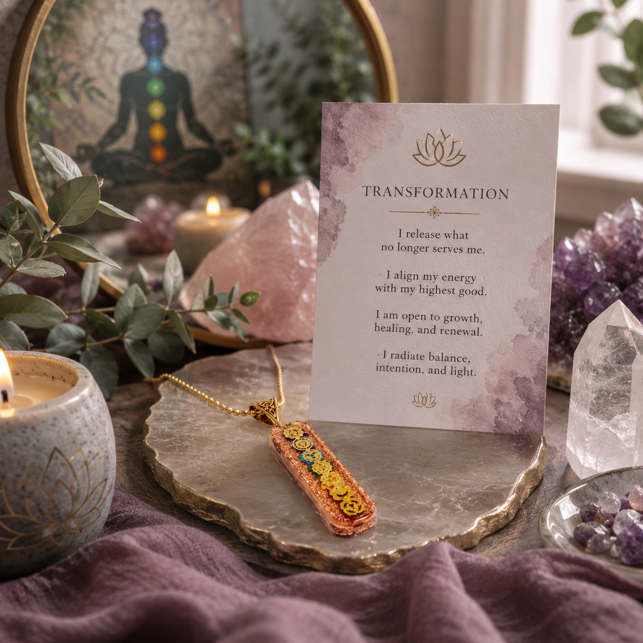 7 chakra orgone copper pendant styled on a stone altar tray with crystals, candlelight, eucalyptus, mauve linen, and a transformation ritual card. — for Carpe Diem Dream