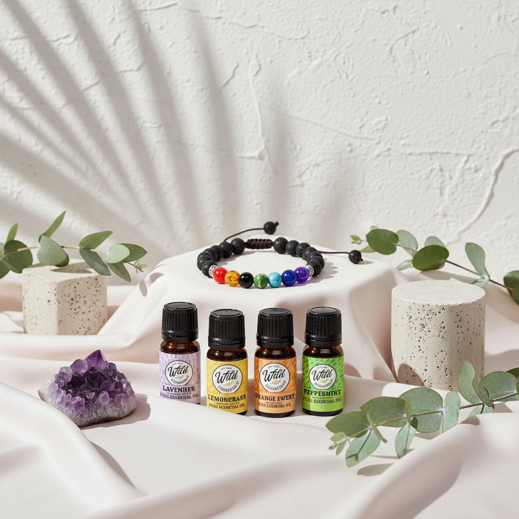 7 Chakras Lava Stone Bracelet with essential oils set displayed on pink silk with travertine, eucalyptus, and amethyst — for Carpe Diem Dream