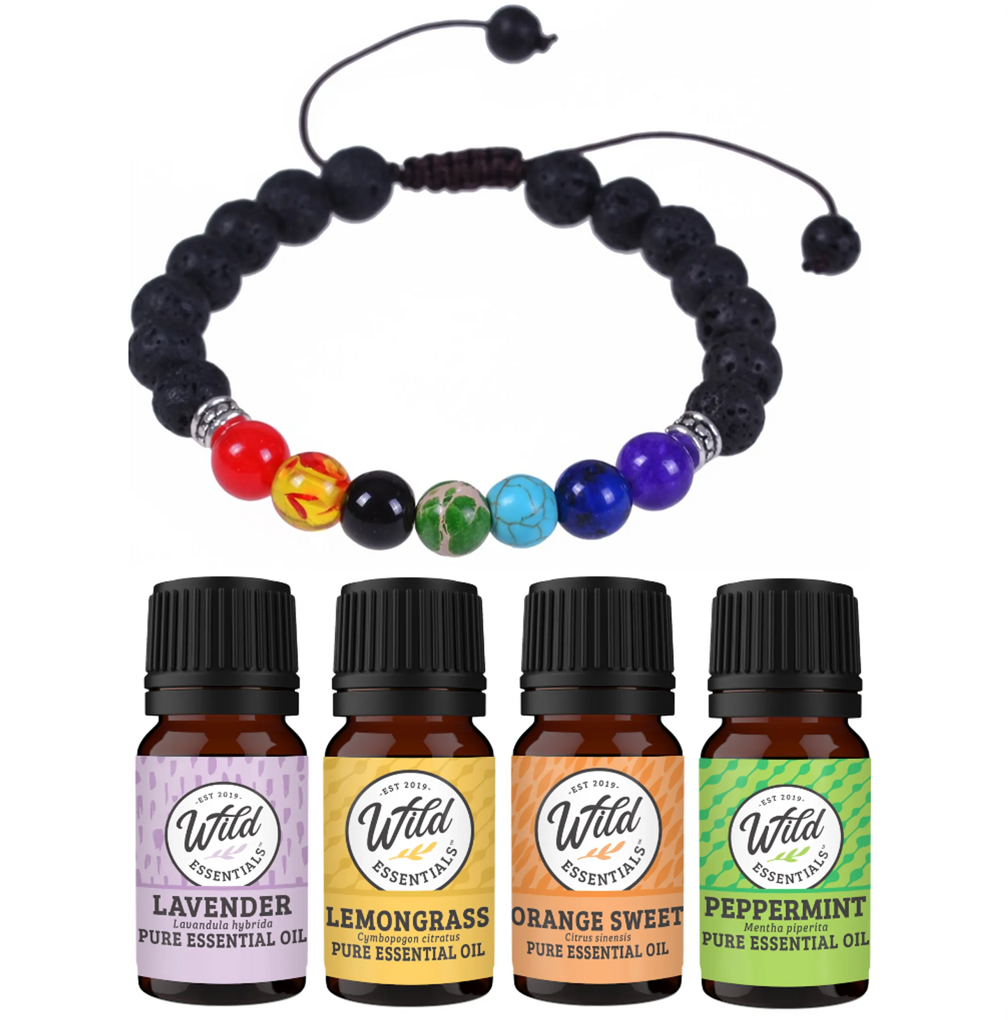 7 Chakras Lava Stone Bracelet with four essential oil bottles displayed on a white background