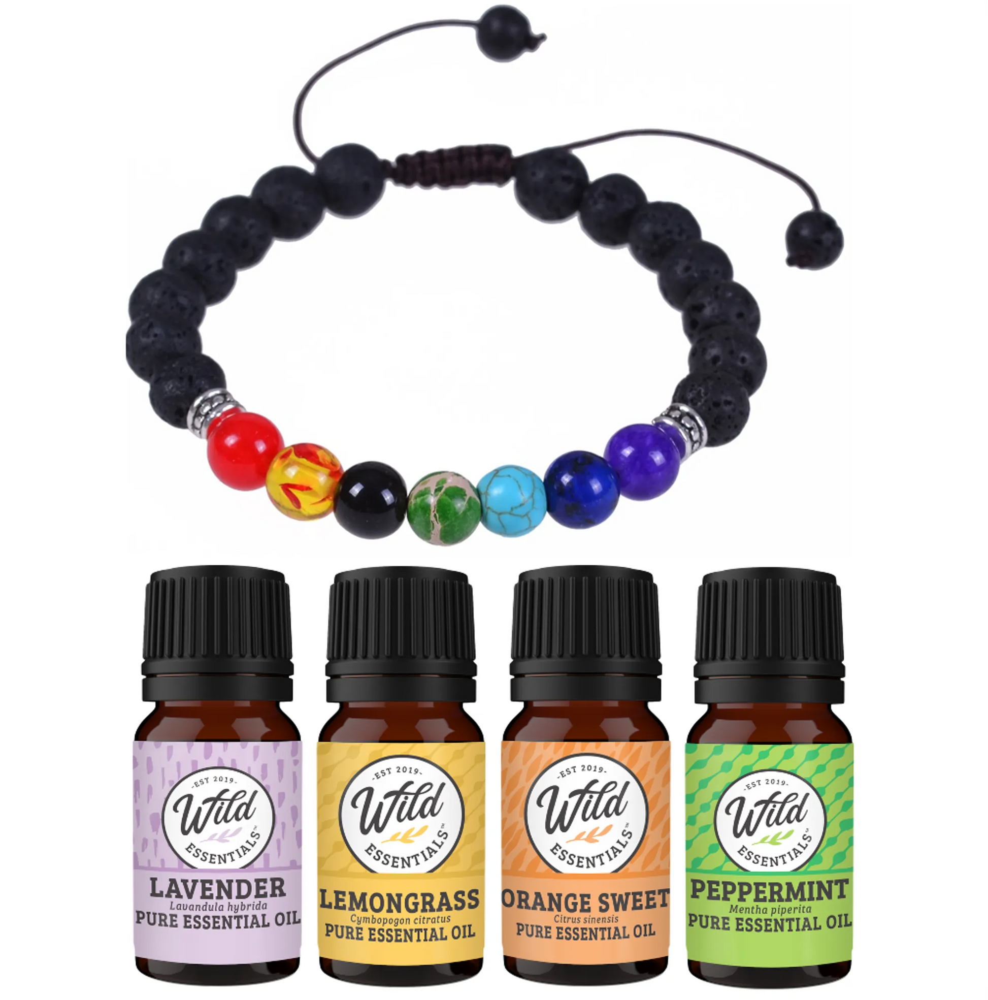 7 Chakras Lava Stone Bracelet with four essential oil bottles displayed on a white background