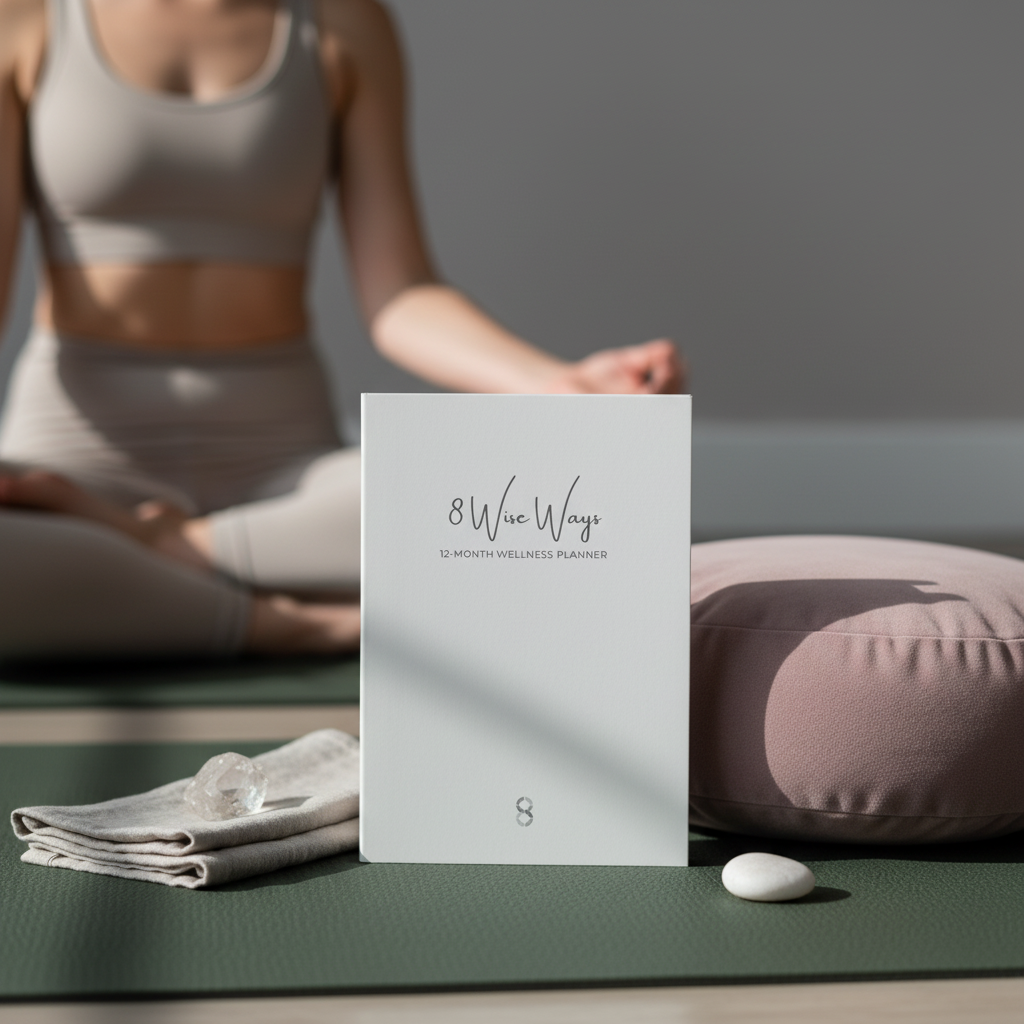 8 Wise Ways 12-Month Wellness Planner displayed beside a meditation cushion and yoga practice setting, supporting mindful reflection, personal wellbeing, healthy habits, and intentional living. — for Carpe Diem Dream