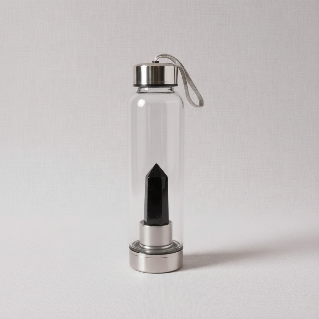 A clear glass crystal-infused water bottle with a sleek black obsidian point enclosed in the stainless steel crystal chamber. — for Carpe Diem Dream