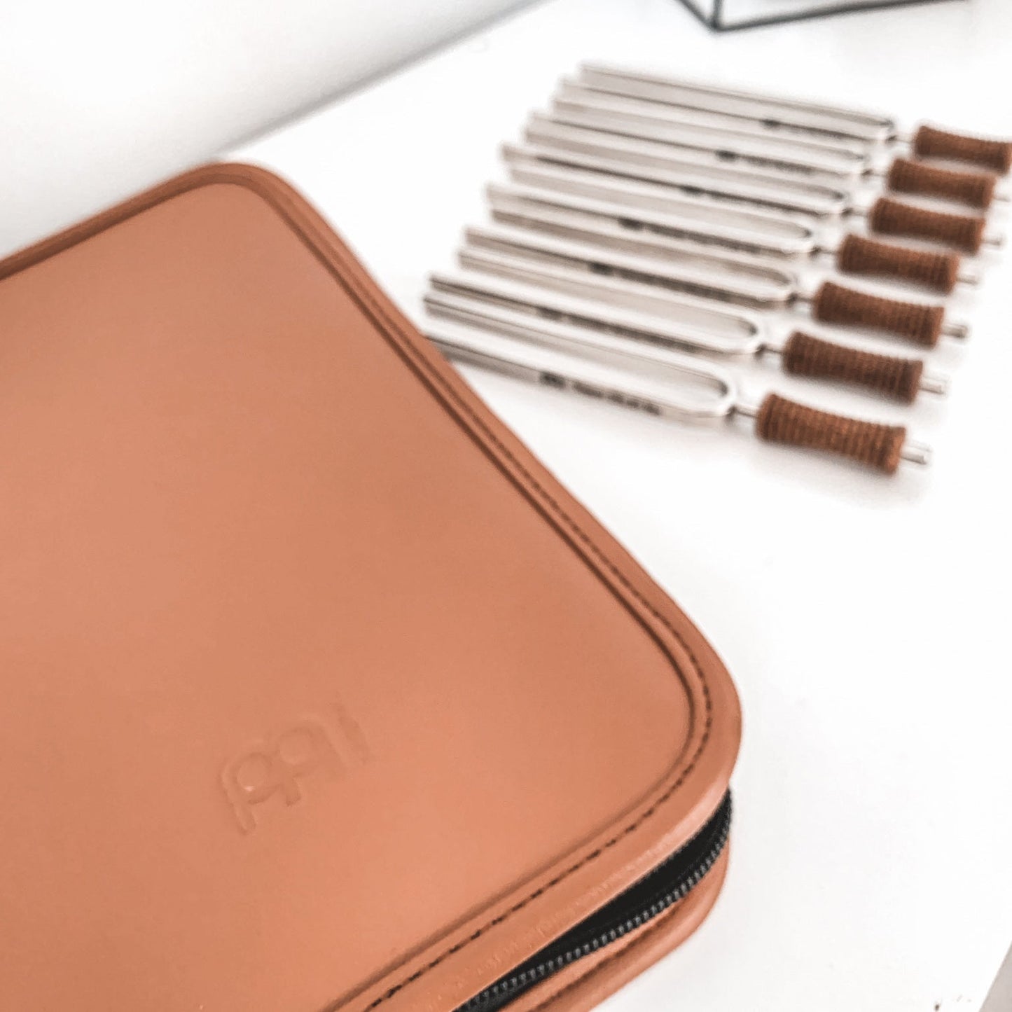 Portable tuning fork travel case shown closed in the foreground with seven chakra tuning forks blurred in the background on a white surface. — for Carpe Diem Dream