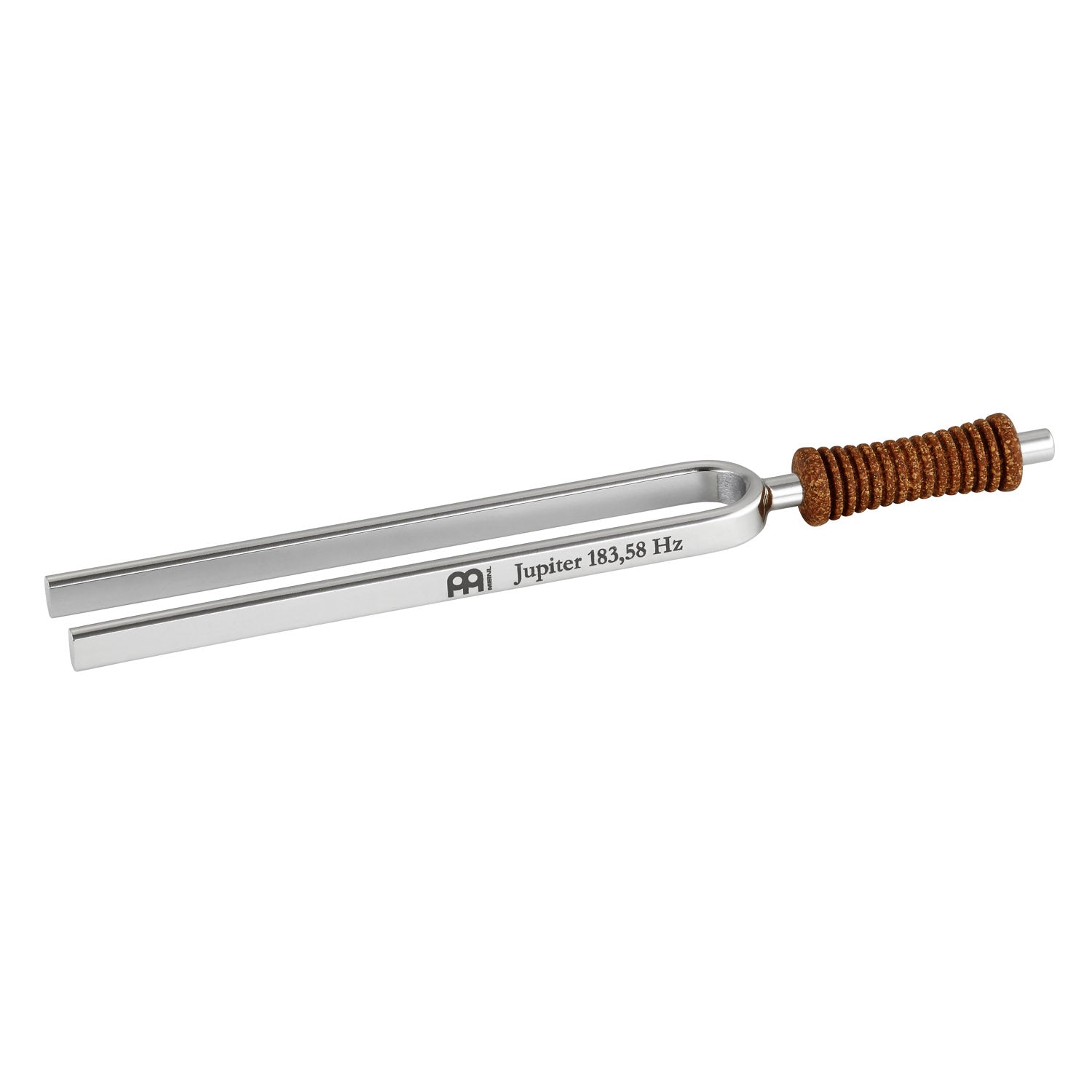Single metal tuning fork with cork handle engraved Jupiter 183.58 Hz shown on a white background. — for Carpe Diem Dream