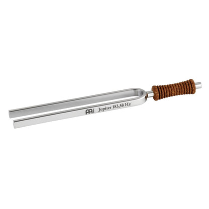 Single metal tuning fork with cork handle engraved Jupiter 183.58 Hz shown on a white background. — for Carpe Diem Dream