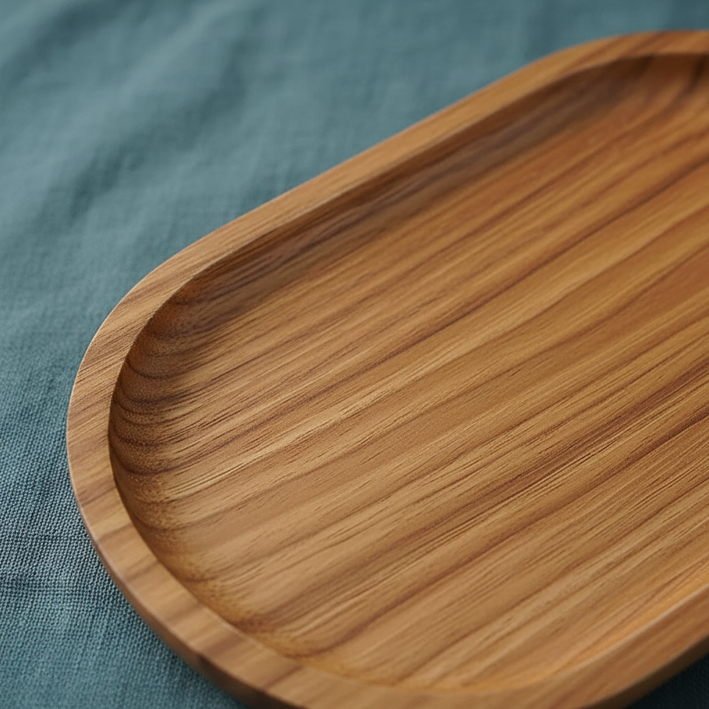 Close-up view of the natural wood grain and rounded edge detail of an acacia wood oval tray on deep teal textured linen. — for Carpe Diem Dream