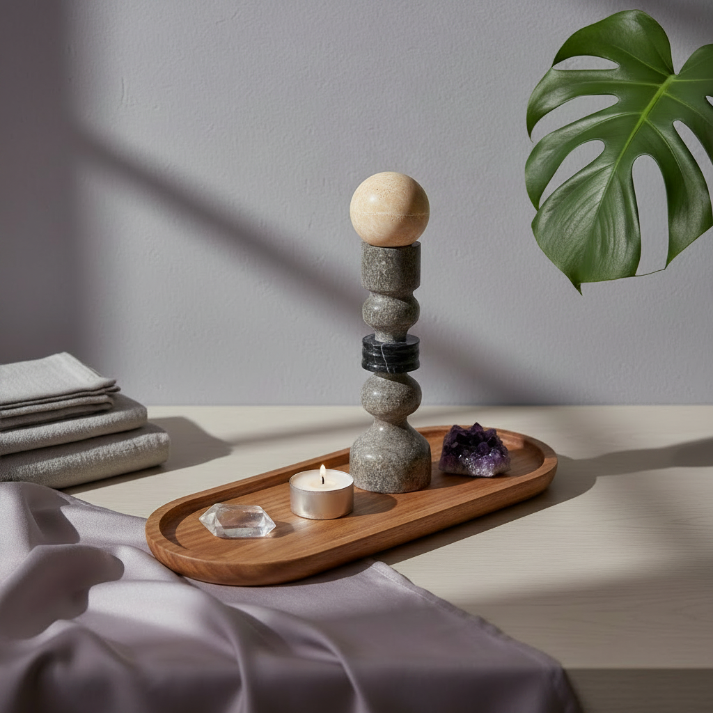 Acacia wood oval tray styled with a candle, crystal, incense sphere, and sculptural stone décor in a calm sanctuary-inspired setting. — for Carpe Diem Dream