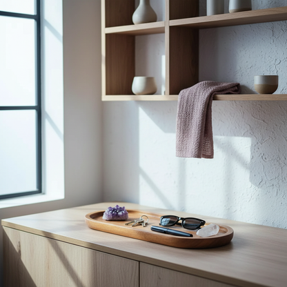 Acacia wood oval tray styled with sunglasses, keys, a crystal, and a pen on a light wood console in a calm workspace-inspired setting. — for Carpe Diem Dream