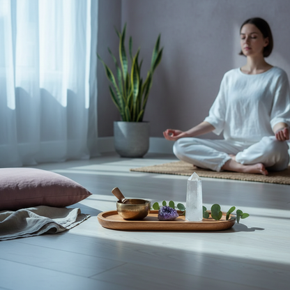 Acacia wood oval tray styled with a singing bowl, crystal tower, amethyst, and eucalyptus beside a meditation practice in a softly lit sanctuary space. — for Carpe Diem Dream