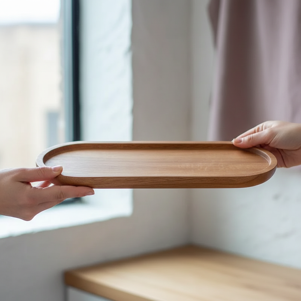 Hands holding an acacia wood oval tray near a softly lit window to demonstrate the tray’s true size and lightweight design. — for Carpe Diem Dream