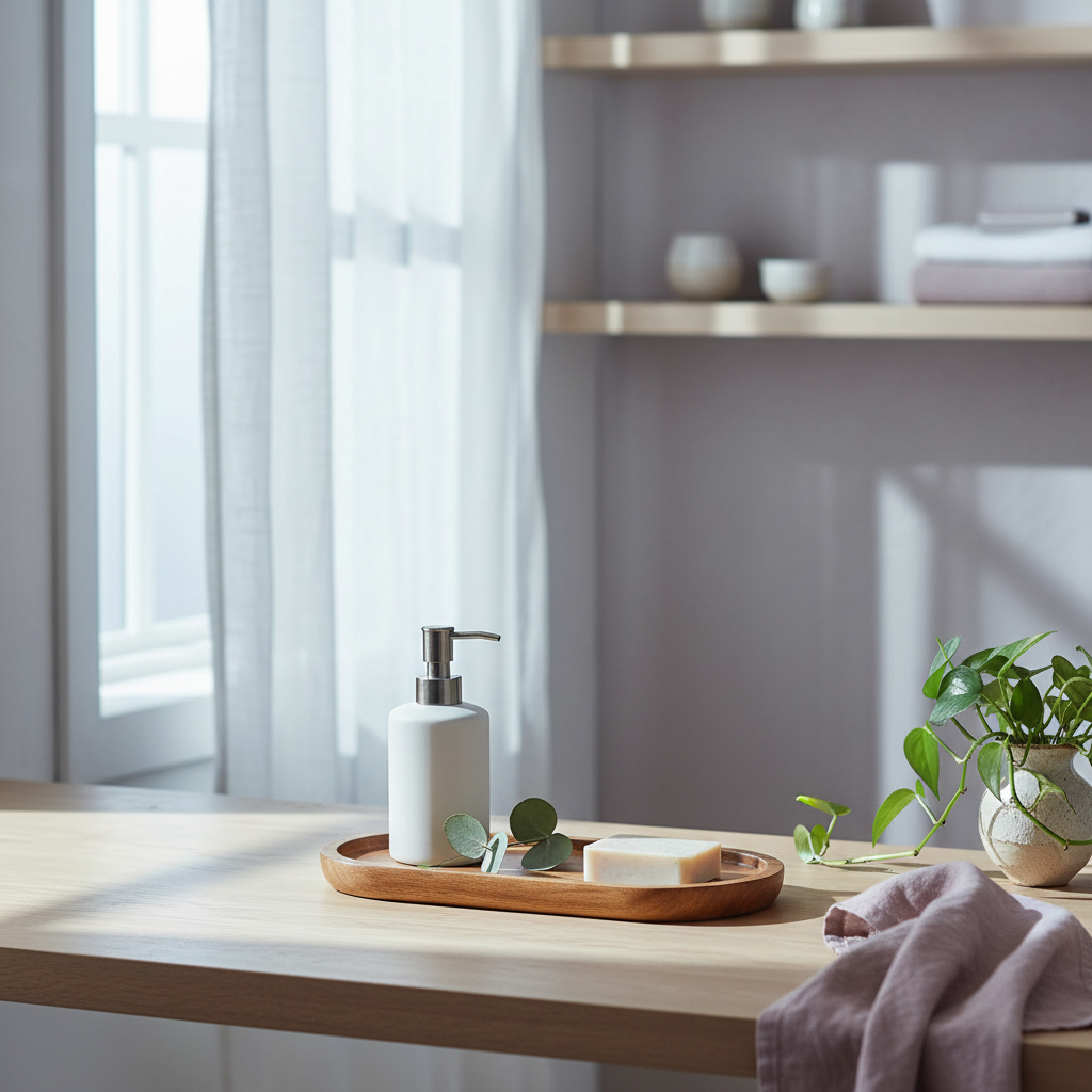 Acacia wood oval tray styled with a soap dispenser, soap bar, eucalyptus leaves, and soft textiles in a serene spa-inspired bathroom setting. — for Carpe Diem Dream