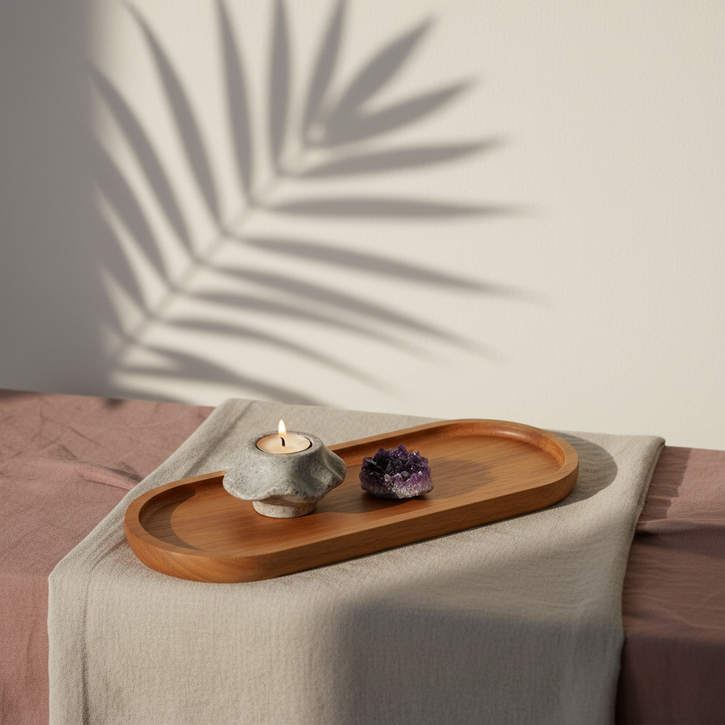 Acacia wood oval tray styled with a candle holder and amethyst crystal on layered neutral linens beneath soft botanical shadows. — for Carpe Diem Dream