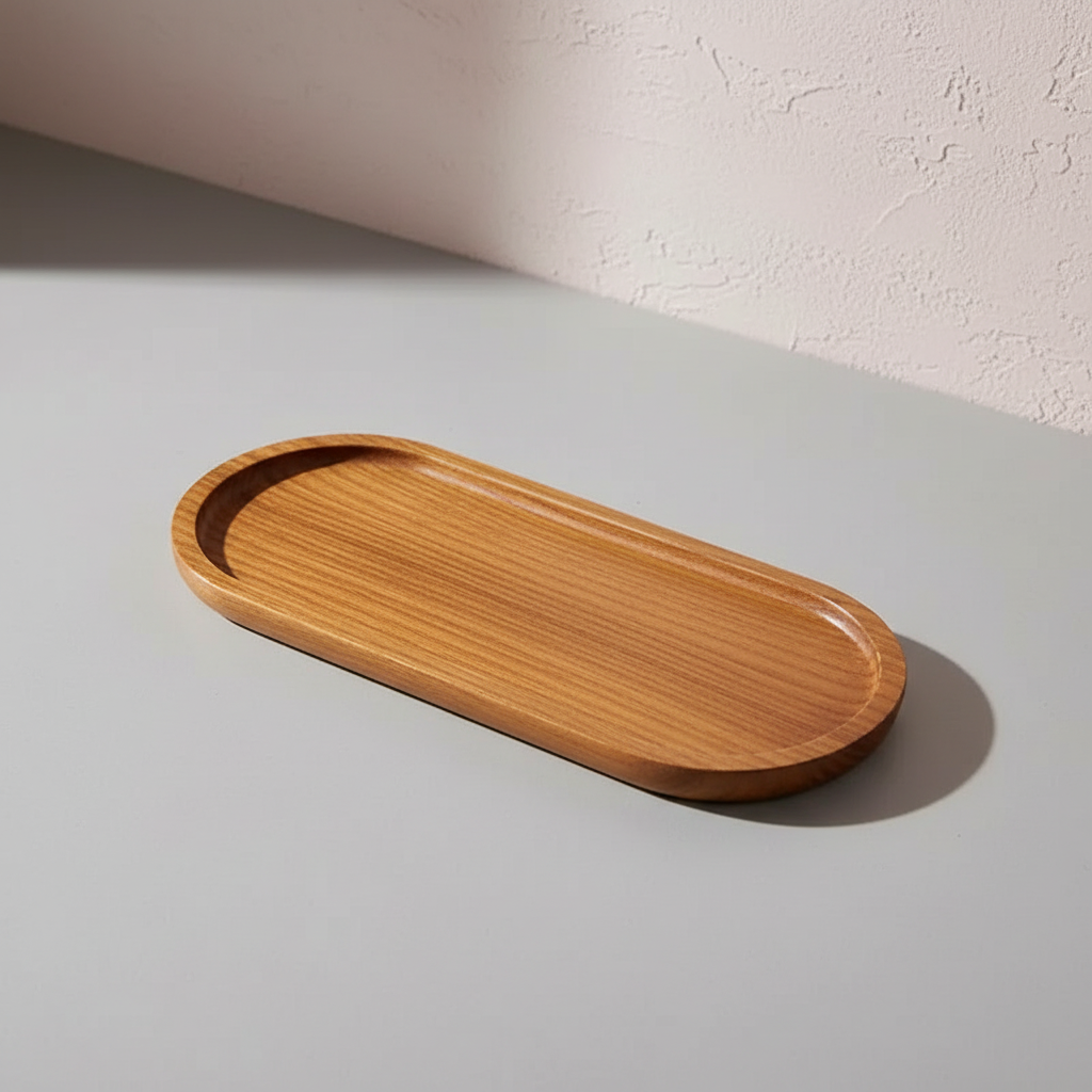 Acacia wood oval tray displayed on a soft neutral surface with directional natural light and textured plaster wall backdrop. — for Carpe Diem Dream