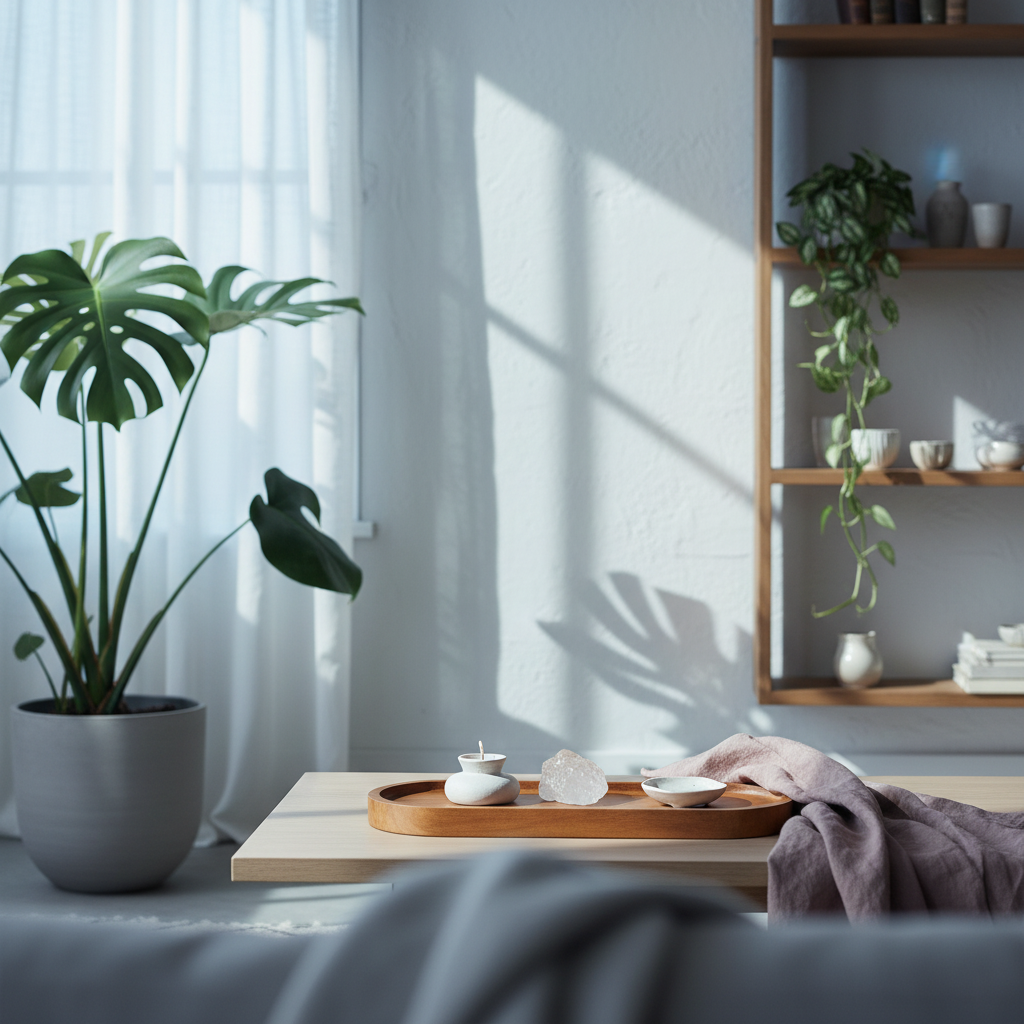 Acacia wood oval tray styled with calming ritual objects in a softly lit sanctuary-inspired living space with botanical accents and layered natural textures. — for Carpe Diem Dream