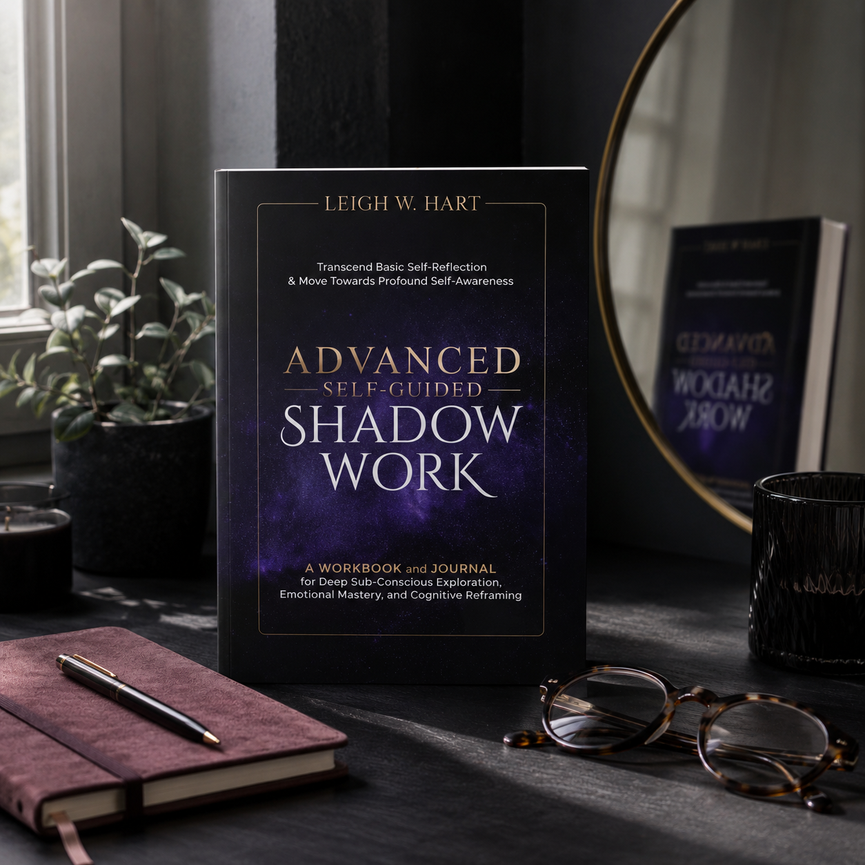 Advanced Self-Guided Shadow Work paperback displayed on a dark writing desk beside a journal, pen, reading glasses, and a subtle mirror reflection, symbolizing self-exploration, emotional mastery, and inner transformation — for Carpe Diem Dream