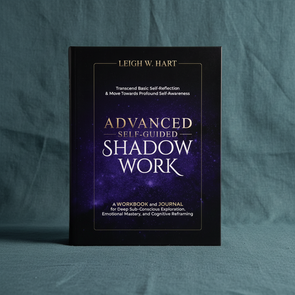 Advanced Self-Guided Shadow Work paperback workbook by Leigh W. Hart displayed upright on a dark teal linen background, highlighting deep self-reflection, emotional mastery, and shadow work practices — for Carpe Diem Dream
