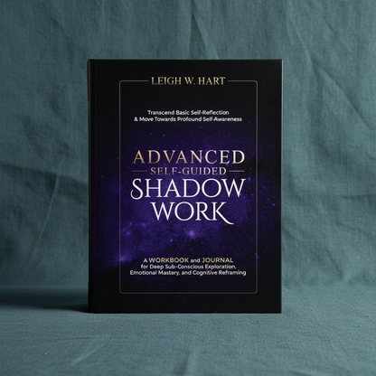 Advanced Self-Guided Shadow Work paperback workbook by Leigh W. Hart displayed upright on a dark teal linen background, highlighting deep self-reflection, emotional mastery, and shadow work practices — for Carpe Diem Dream