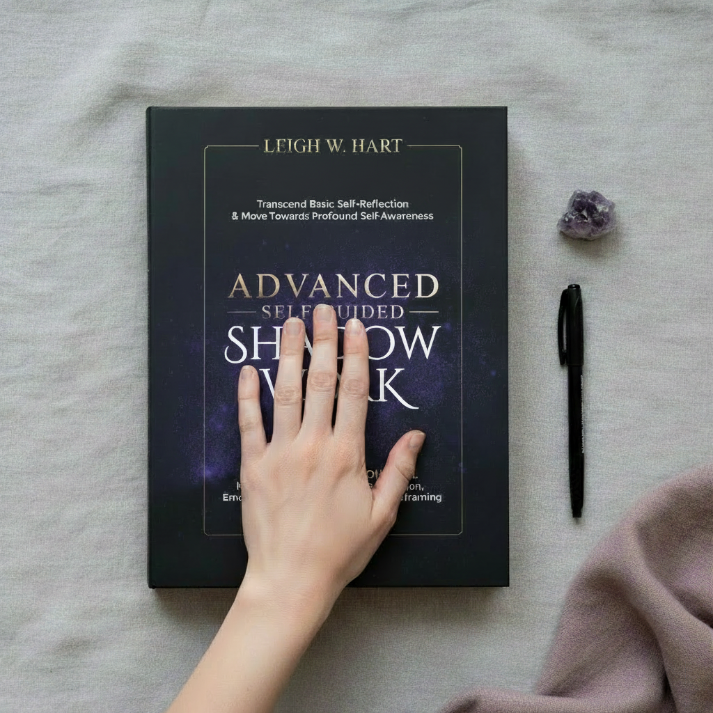 Top-down view of Advanced Self-Guided Shadow Work workbook with a hand, pen, and amethyst crystal, demonstrating the journal’s true size and reflective shadow work practice — for Carpe Diem Dream